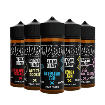 Five Sadboy e-liquid bottles: Strawberry Jam, Butter Cookie, Blueberry Jam, Lemon Jam, Pink Cotton Candy.