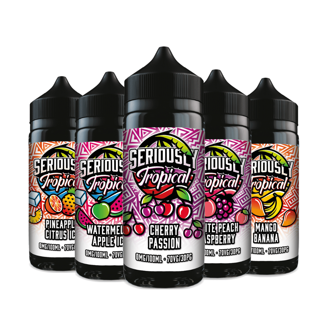 Doozy Seriously Tropical 100ml Shortfill e-liquid in pineapple citrus ice, watermelon apple ice, cherry passion, white peach raspberry, and mango banana flavours.