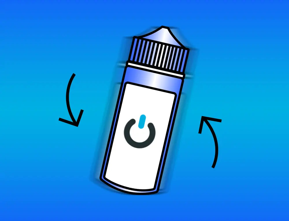 Illustration of a vape juice with a power symbol being shaken to mix on a blue background