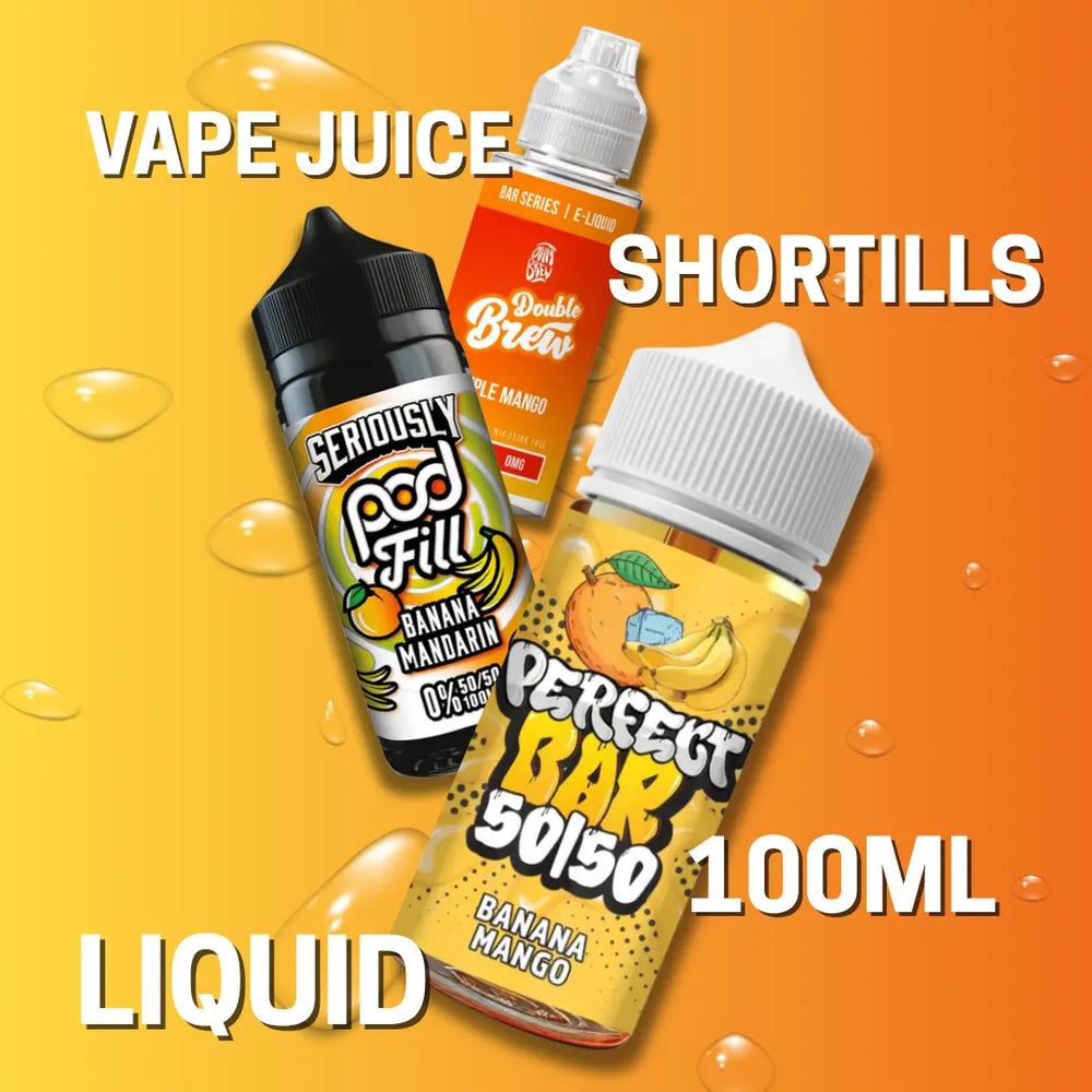 Three vape juice bottles on an orange background with text indicating 'Vape Juice Shortills' and '100ML'.