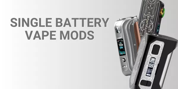 Collection of single battery vape mods including a silver GeekVape Aegis Solo, a black Lost Vape Centaurus with gold accents, and a custom-patterned box mod.