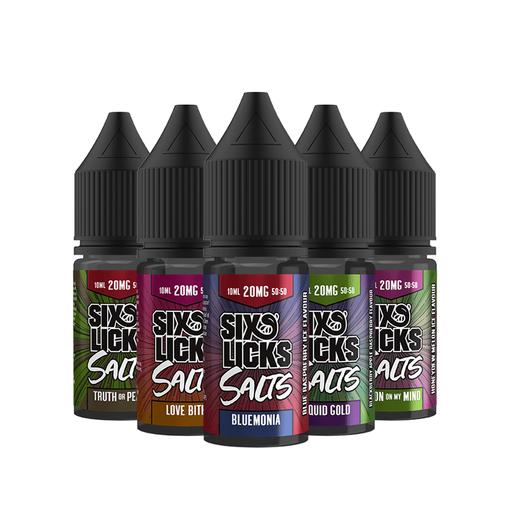 Five Six Licks vape juice bottles in assorted flavours, 10ml each, with colourful labels.