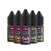 Five Six Licks vape juice bottles in assorted flavours, 10ml each, with colourful labels.