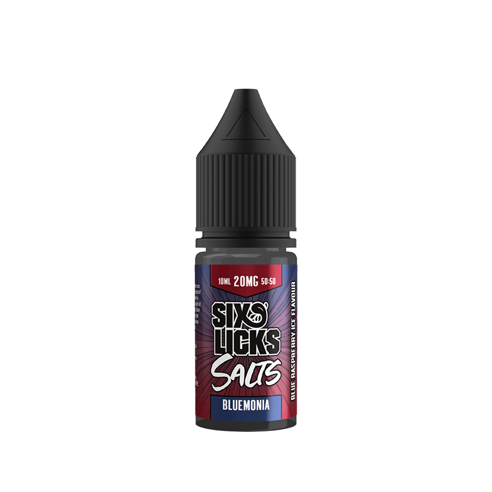 Six Licks Bluemonia 10ml salt nicotine bottle with a black cap and blue-red label.