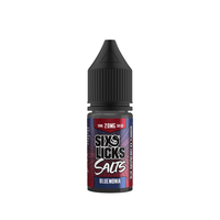 Six Licks Bluemonia 10ml salt nicotine bottle with a black cap and blue-red label.