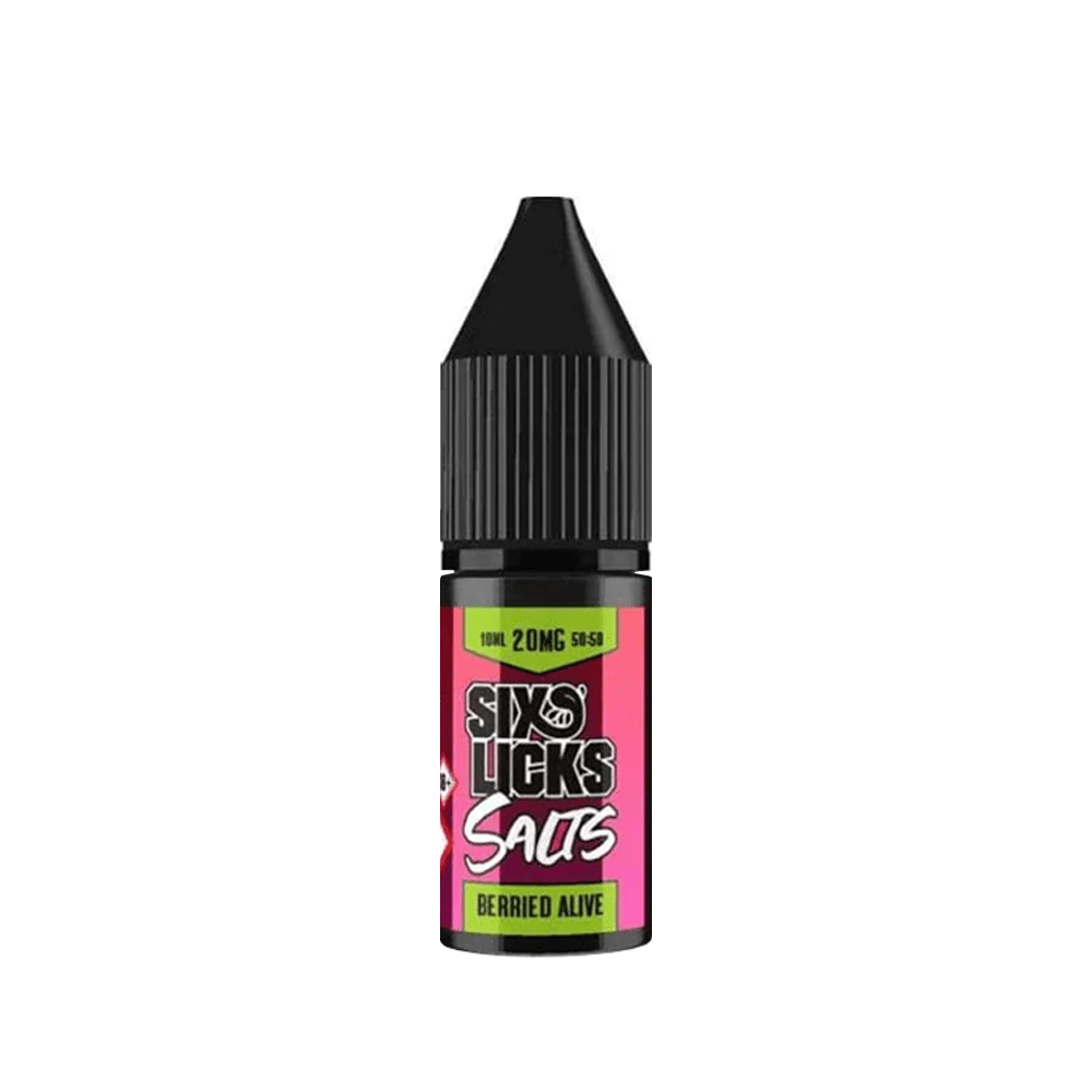 Six Licks Salts 10ml bottle, "Berried Alive" flavour, with a pink and black label.