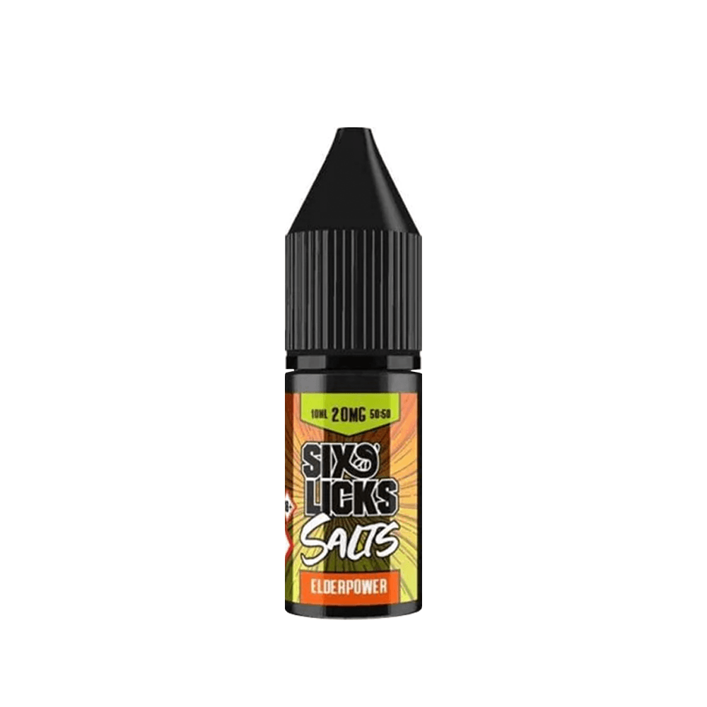 Six Licks Salts Elderpower 10ml vape juice bottle with vibrant label design.