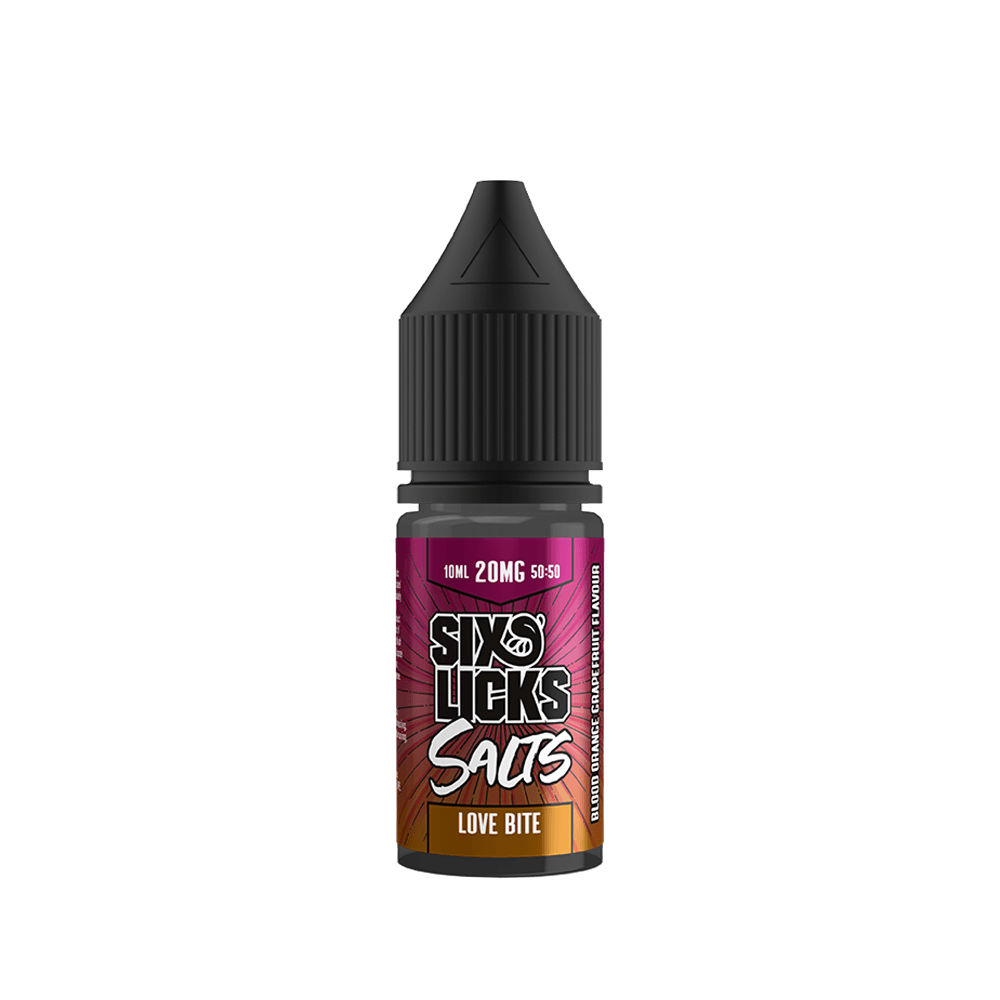 Six Licks Salts Love Bite 10ml e-liquid bottle, 20mg nicotine, vibrant label design.