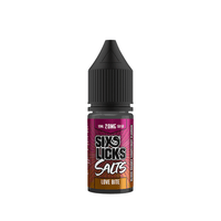 Six Licks Salts Love Bite 10ml e-liquid bottle, 20mg nicotine, vibrant label design.