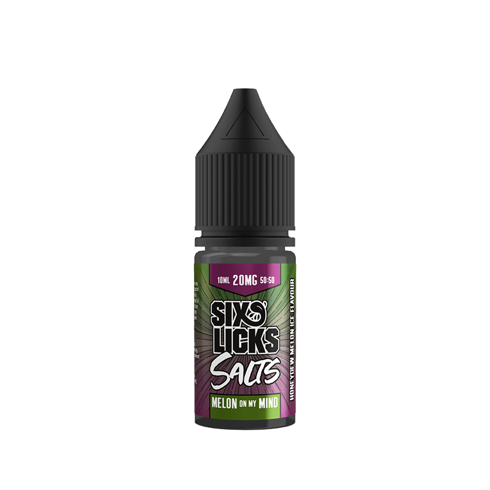 Six Licks Salts 10ml bottle, "Melon on My Mind" flavour, with a black cap and colourful label.