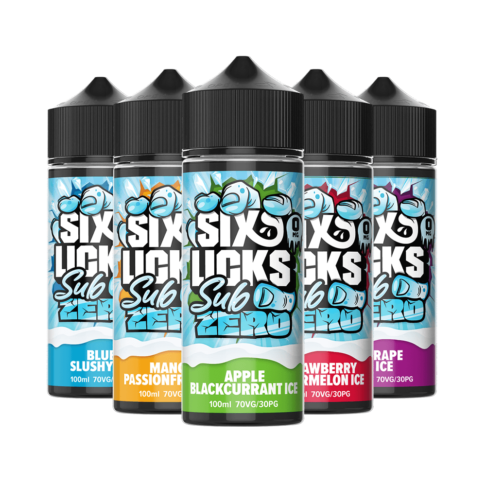 Five Six Licks Sub Zero e-liquid bottles, flavours include Apple Blackcurrant Ice and Blue Slush.