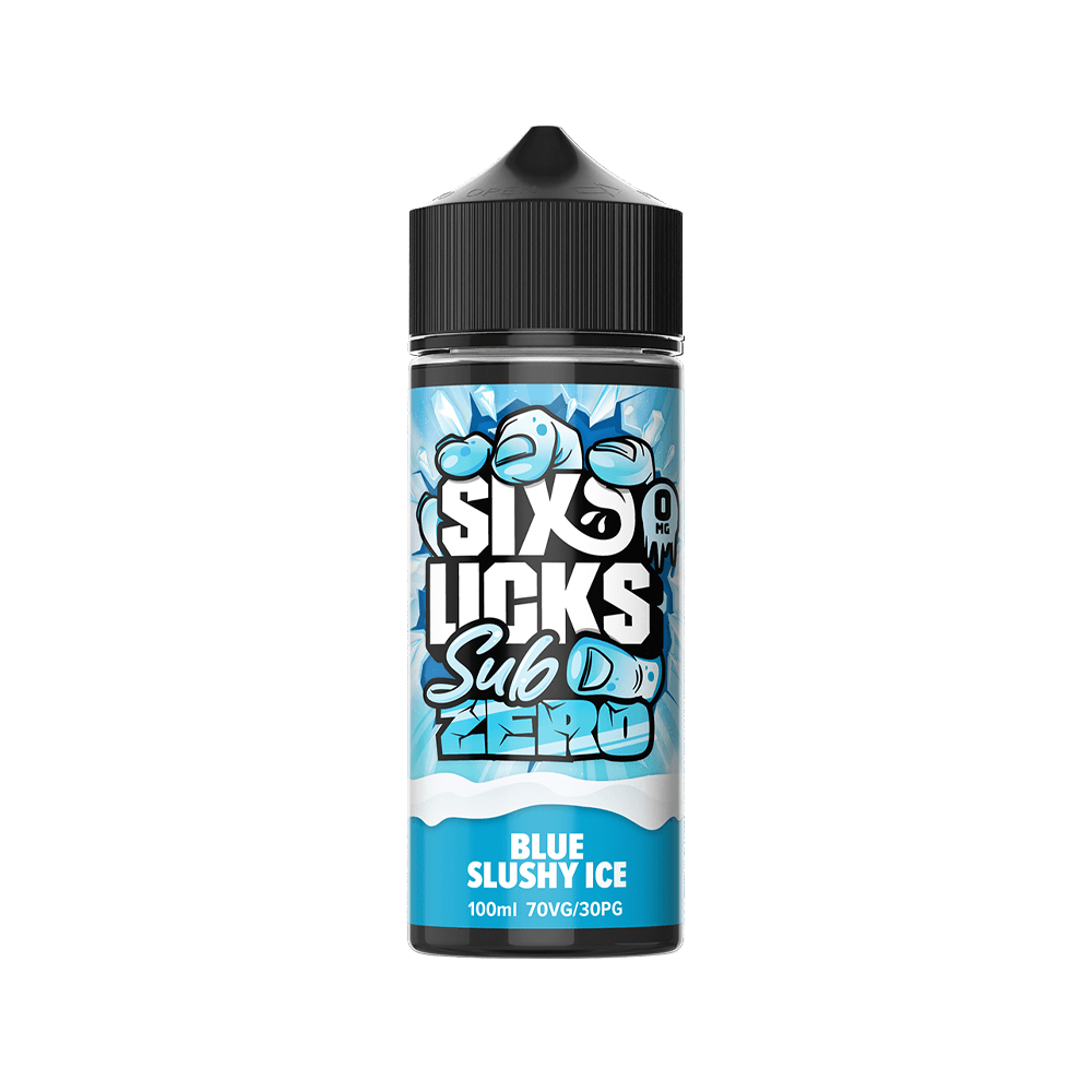 Six Licks Sub Zero Blue Slushy Ice 100ml vape juice bottle with bold icy design.