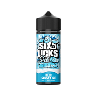 Six Licks Sub Zero Blue Slushy Ice 100ml vape juice bottle with bold icy design.