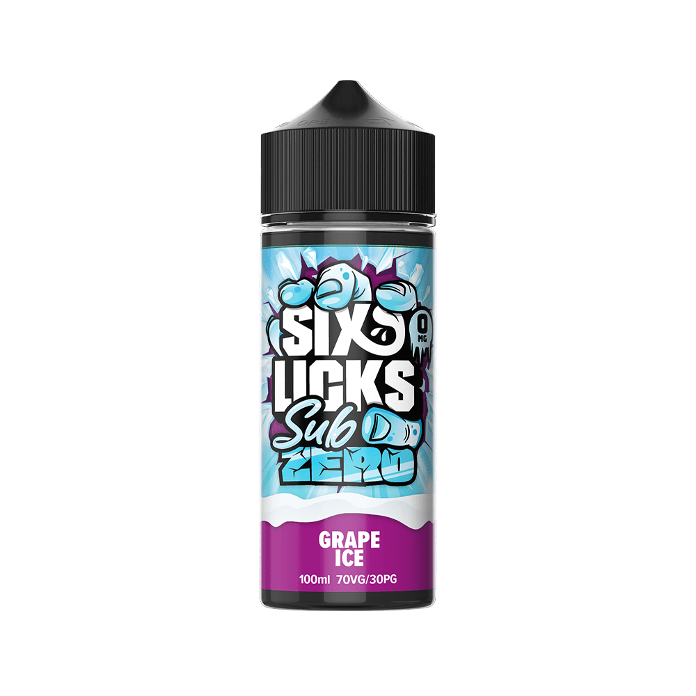 Six Licks Sub Zero Grape Ice 100ml shortfill bottle with bold, icy graphics.