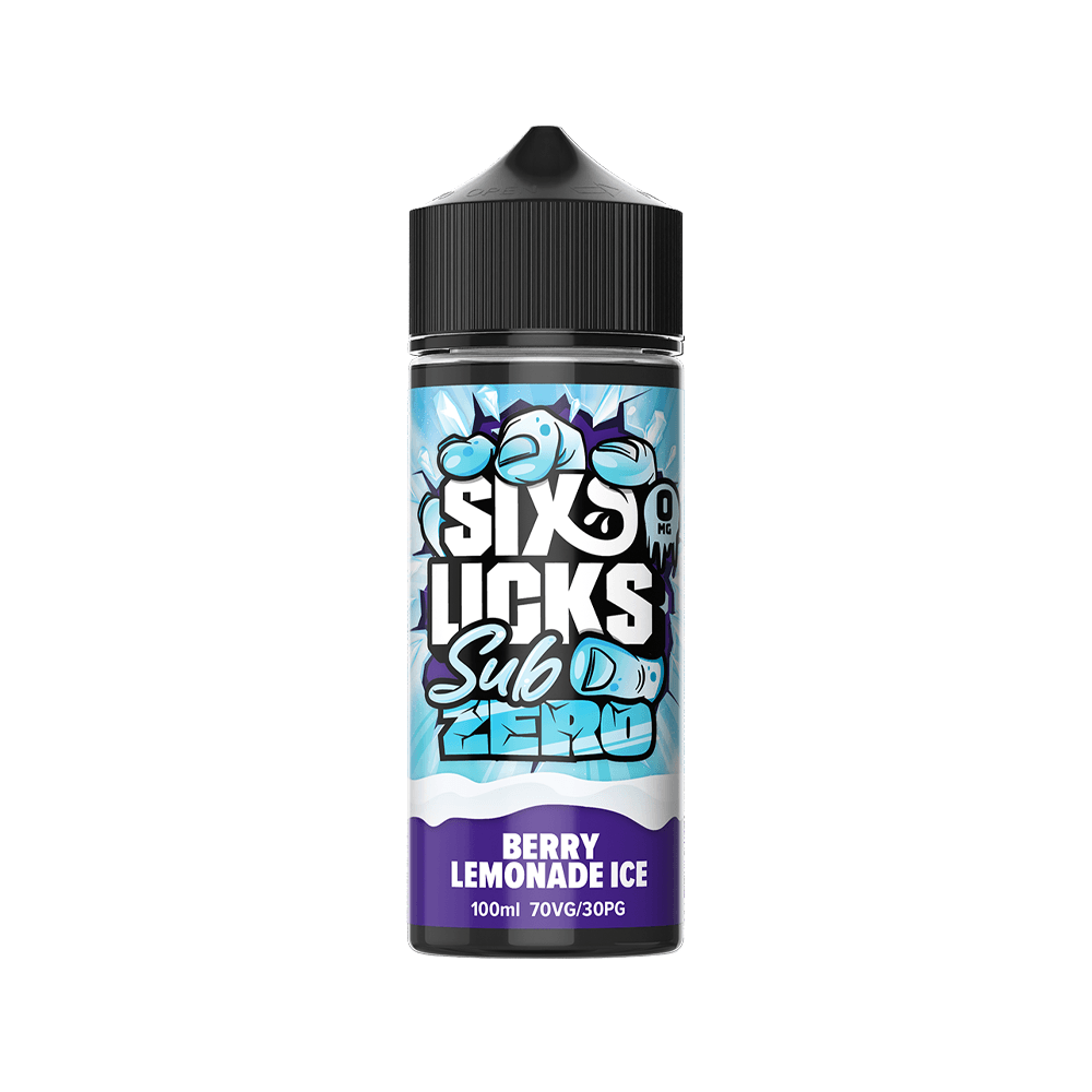 Six Licks Sub Zero Berry Lemonade Ice 100ml vape juice bottle with blue icy graphics.