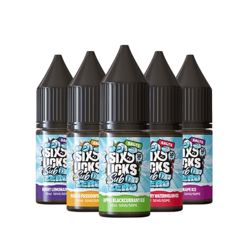 Five bottles of Six Licks Sub Zero e-liquids, featuring various fruity flavours.