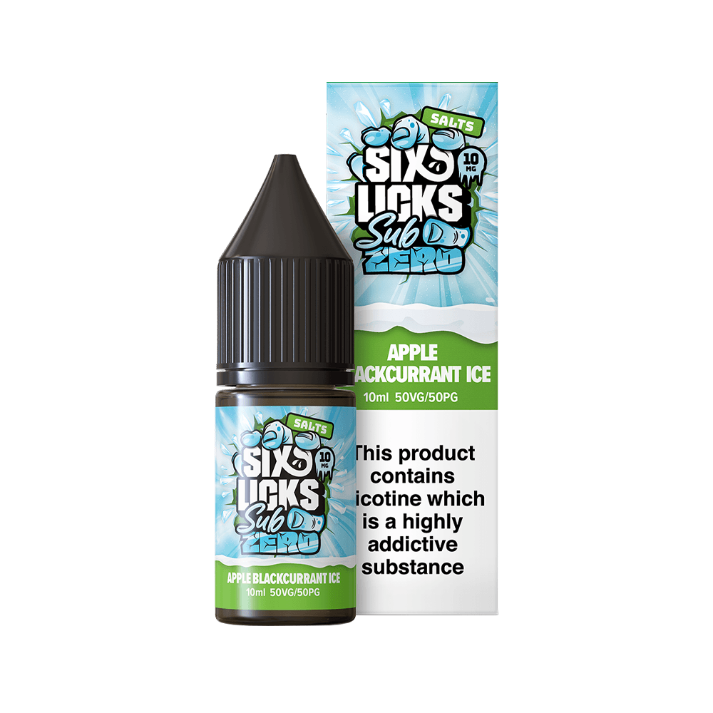 Six Licks Sub Zero vape juice, Apple Blackcurrant Ice flavour, 10ml bottle and packaging.