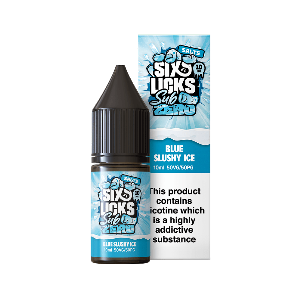 Six Licks Sub Zero Blue Slushy Ice 10ml vape juice bottle and box packaging.