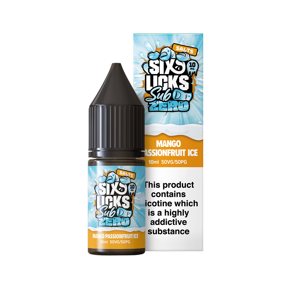 Six Licks Sub Zero e-liquid bottle and box, Mango Passionfruit Ice flavour, 10ml, 50VG/50PG.