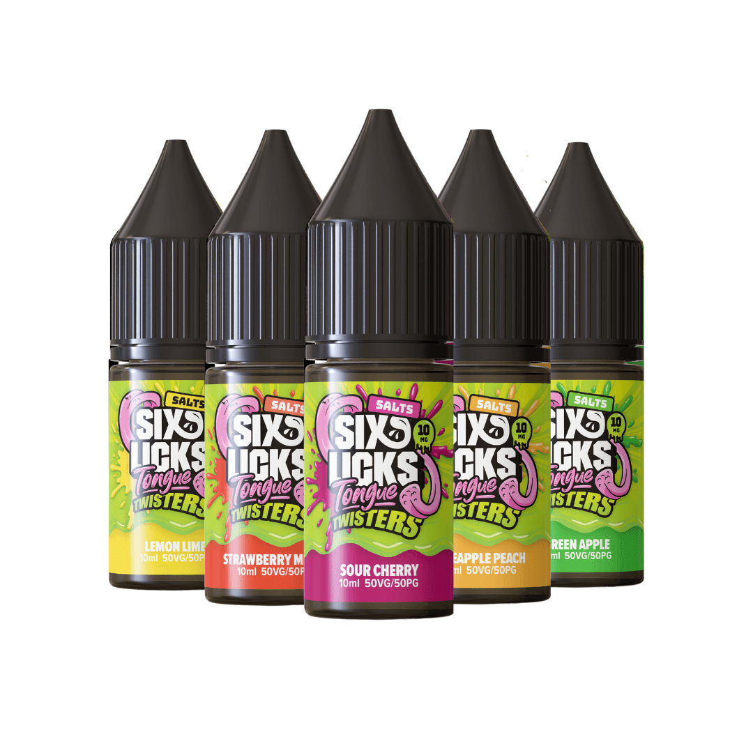 Five Six Licks Tongue Twisters 10ml vape bottles, featuring various fruit flavours.