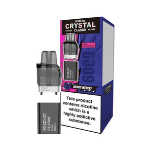 SKE Crystal CL6000 refill pack in Berry Medley flavour showing Crystal CL6000 Refill with TPD compliant 1x10ml e-liquid bottle and replacement pod for 6000 puff capacity