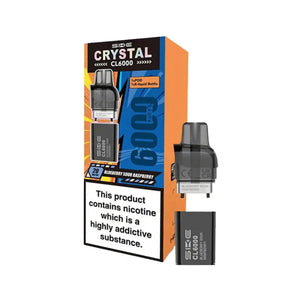 SKE Crystal CL6000 refill pack in Blueberry Sour Raspberry flavour showing Crystal CL6000 Refill with TPD compliant 1x10ml e-liquid bottle and replacement pod for 6000 puff capacity