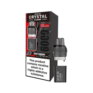 SKE Crystal CL6000 refill pack in Fizzy Cherry flavour showing Crystal CL6000 Refill with TPD compliant 1x10ml e-liquid bottle and replacement pod for 6000 puff capacity