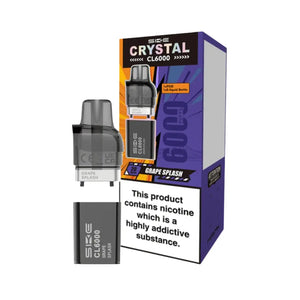 SKE Crystal CL6000 refill pack in Grape Splash flavour showing Crystal CL6000 Refill with TPD compliant 1x10ml e-liquid bottle and replacement pod for 6000 puff capacity