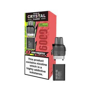 SKE Crystal CL6000 refill pack in Sour Pineapple flavour showing Crystal CL6000 Refill with TPD compliant 1x10ml e-liquid bottle and replacement pod for 6000 puff capacity