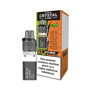 SKE Crystal CL6000 refill pack in Triple Mango flavour showing Crystal CL6000 Refill with TPD compliant 1x10ml e-liquid bottle and replacement pod for 6000 puff capacity