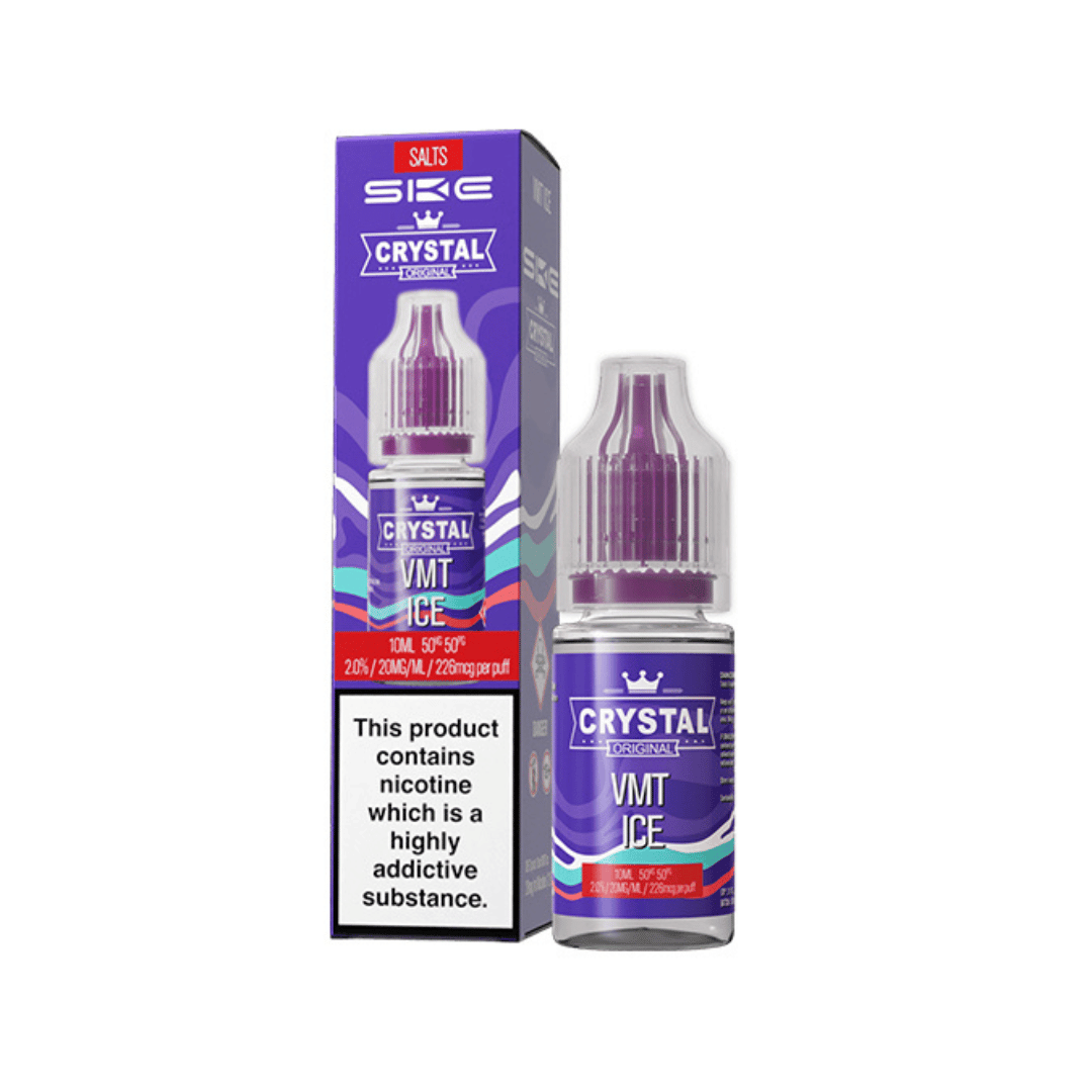 SKE Crystal VMT Ice 10ml e-liquid with purple packaging and a nicotine warning label.