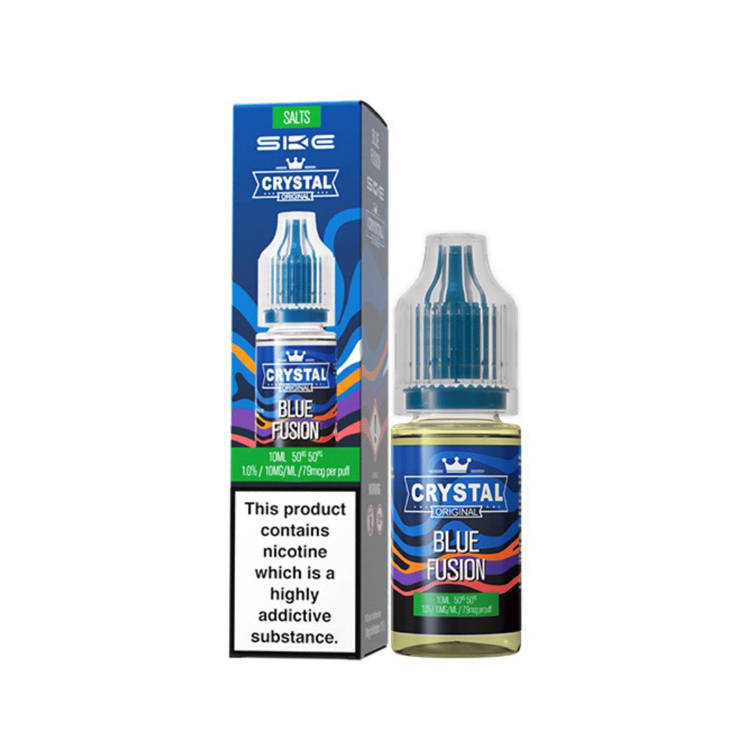 SKE Crystal Original Blue Fusion 10ml e-liquid bottle and packaging with a nicotine warning label.