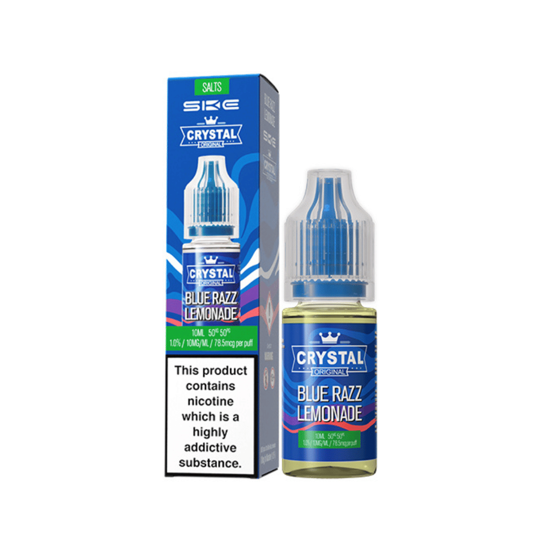 SKE Crystal Original Blue Razz Lemonade 10ml vape juice bottle and box with product warning.