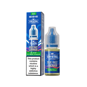 SKE Crystal Original Blue Razz Lemonade 10ml vape juice bottle and box with product warning.