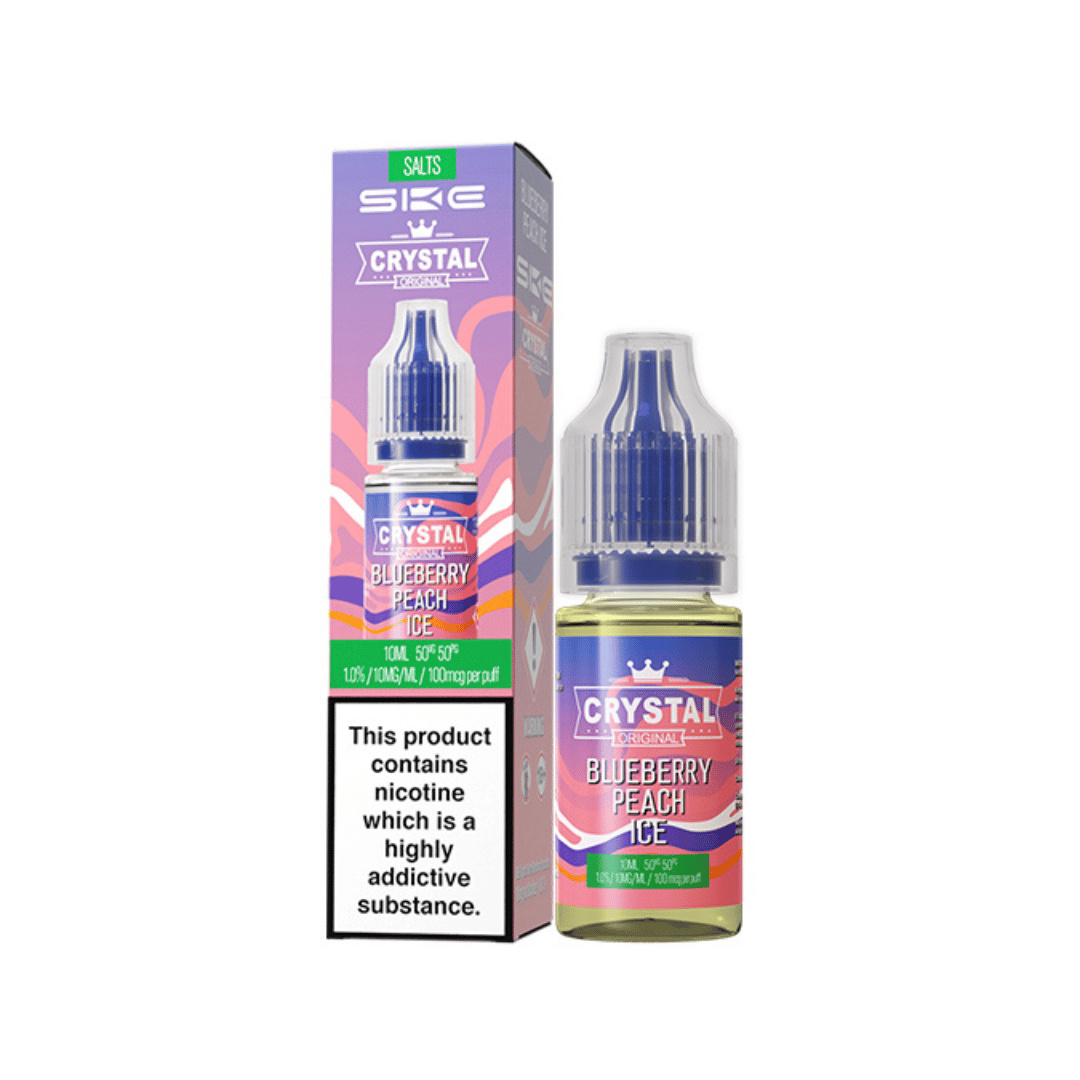 SKE Crystal Original vape juice in Blueberry Peach Ice flavour with packaging.