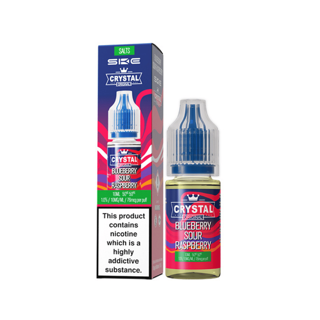 SKE Crystal Original vape juice, Blueberry Sour Raspberry flavour, 10ml bottle with packaging.