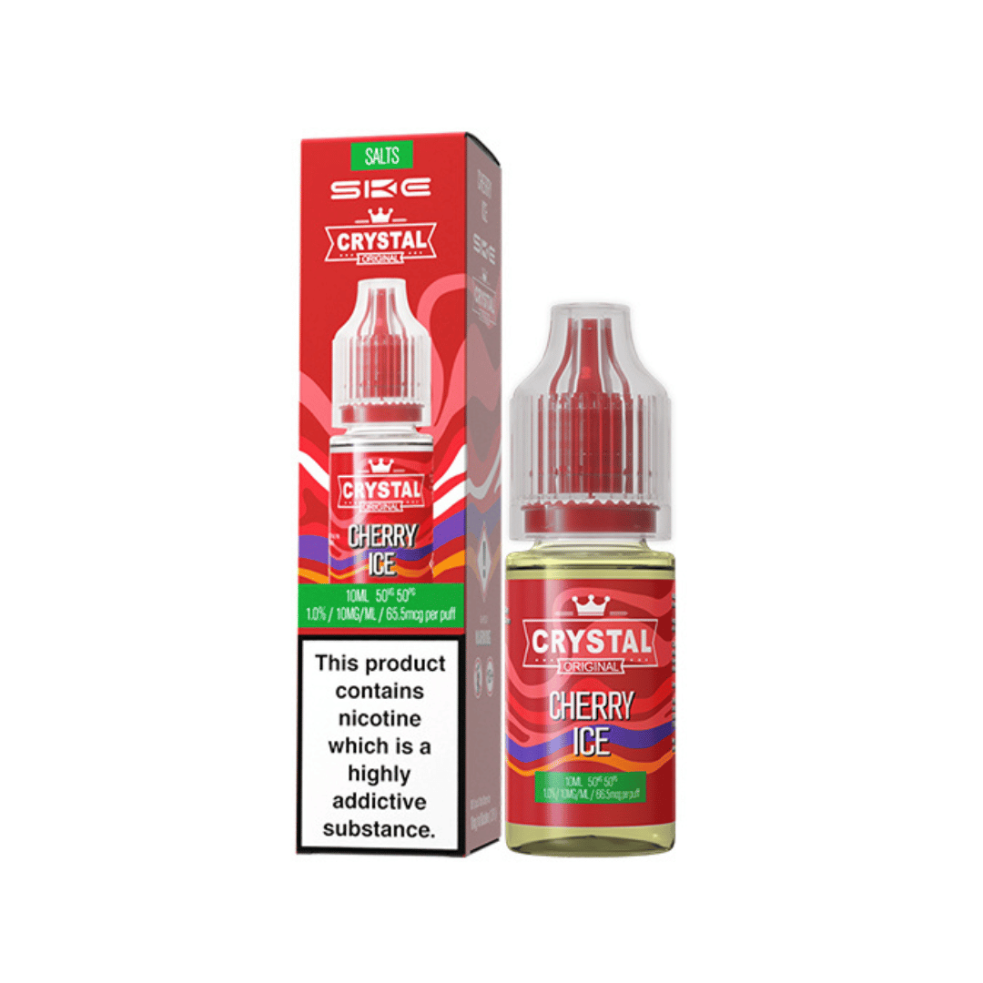 SKE Crystal Original Cherry Ice 10ml vape juice bottle and box with red and white design.