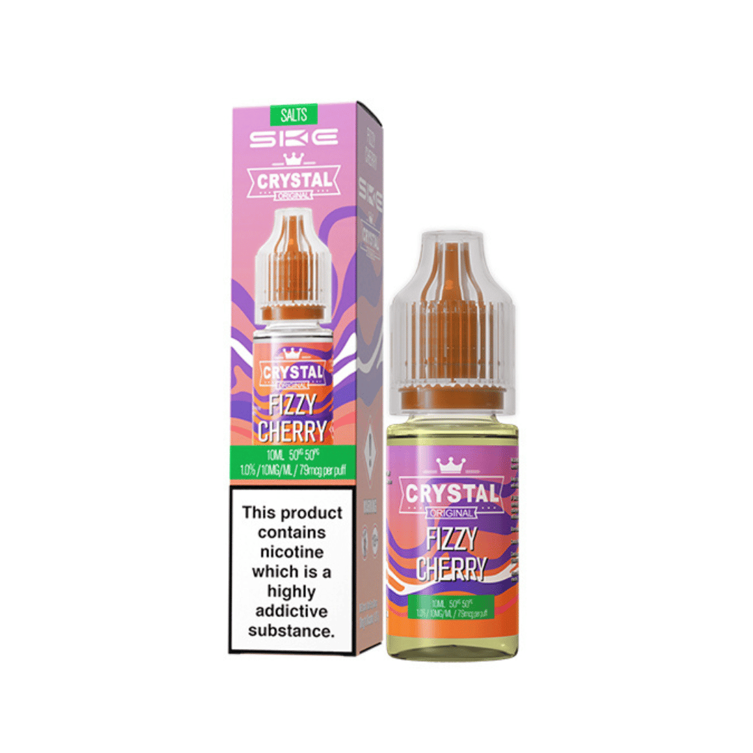 SKE Crystal Original 10ml Fizzy Cherry e-liquid bottle and box with nicotine warning label.