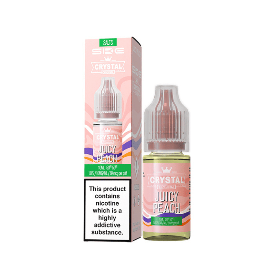 SKE Crystal Original Juicy Peach 10ml Salt bottle and box with peach-themed design.