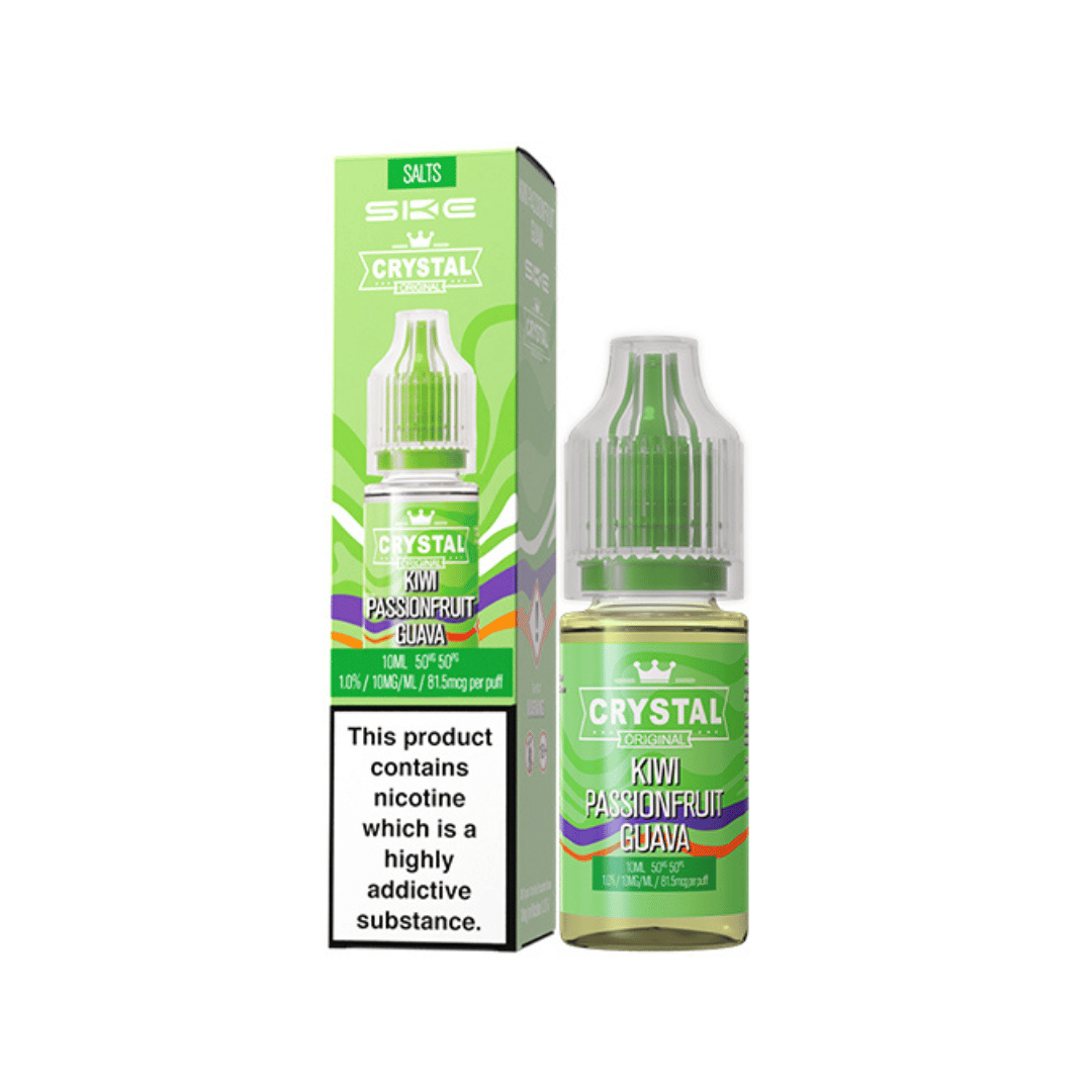 SKE Crystal Original 10ml Kiwi Passionfruit Guava vape juice bottle and packaging.