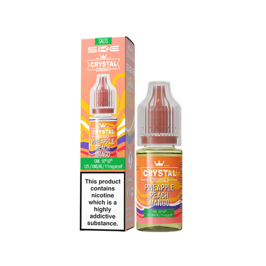 SKE Crystal Original vape juice box and bottle, Pineapple Peach Mango flavour.