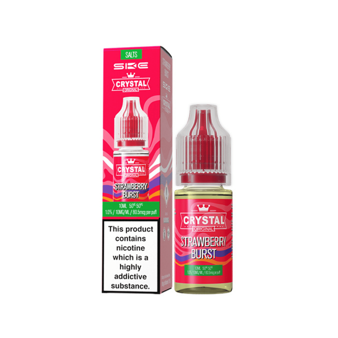 SKE Crystal Original 10ml Salt Strawberry Burst e-liquid, with vibrant packaging and bottle.