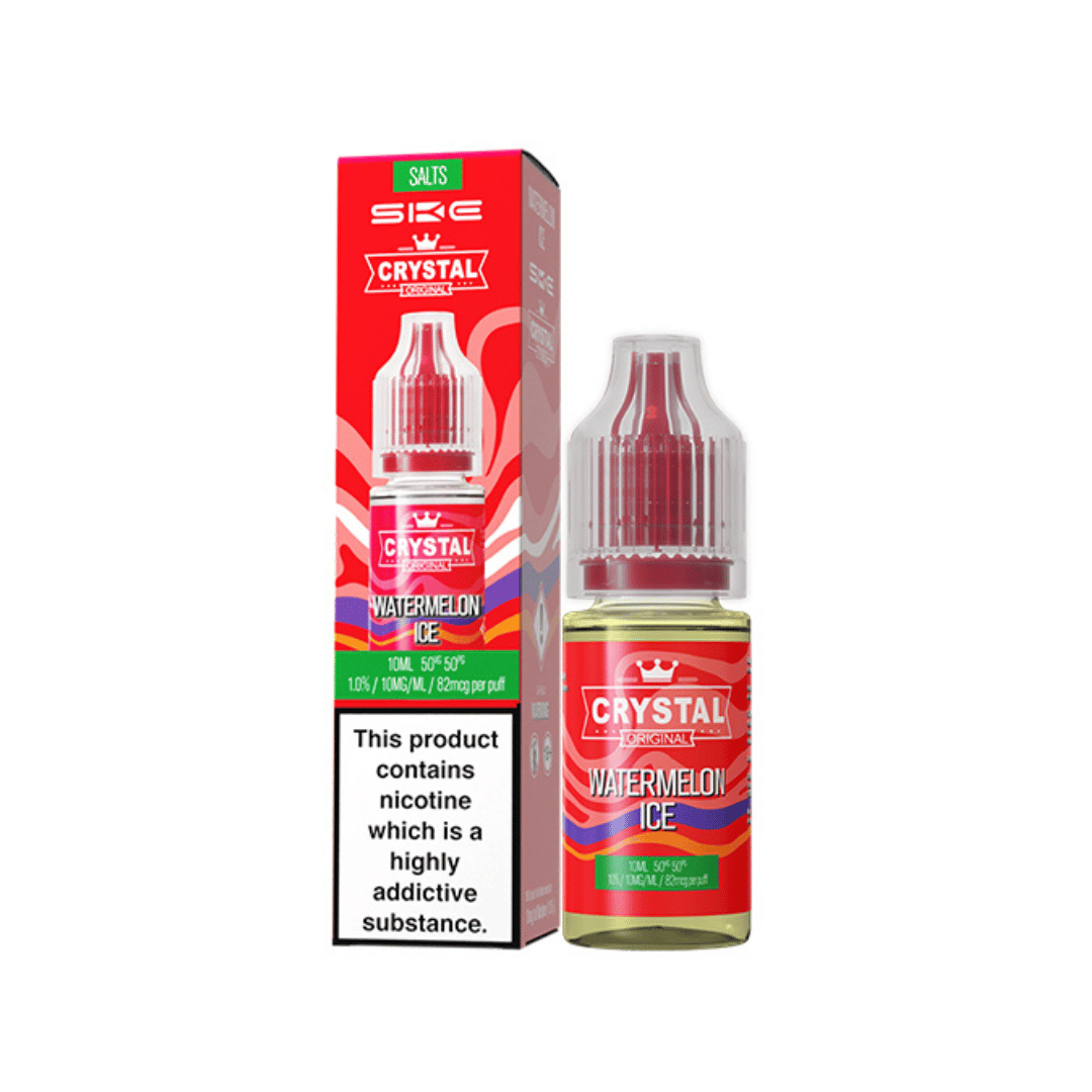 SKE Crystal Original 10ml Salt Watermelon Ice e-liquid bottle and box packaging.