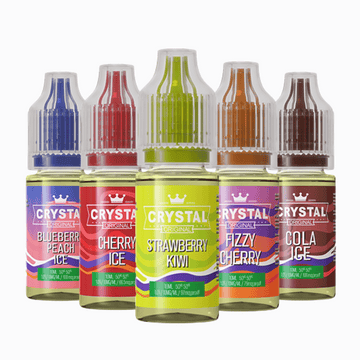 Five Crystal Original vape juice bottles: Blueberry Peach Ice, Cherry Ice, Strawberry Kiwi, Fizzy Cherry, Cola Ice.