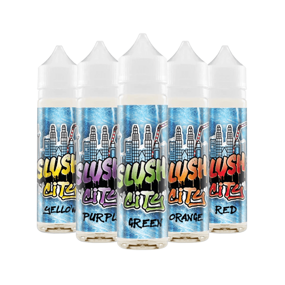 Five Slush City e-liquid bottles in various flavours: yellow, purple, green, orange, and red.