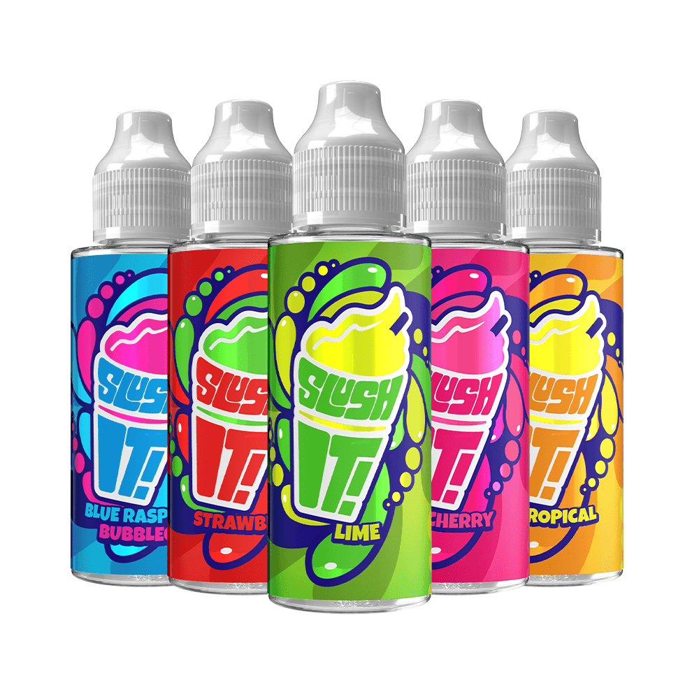 Five colourful Slush It e-liquid bottles in various fruity flavours.