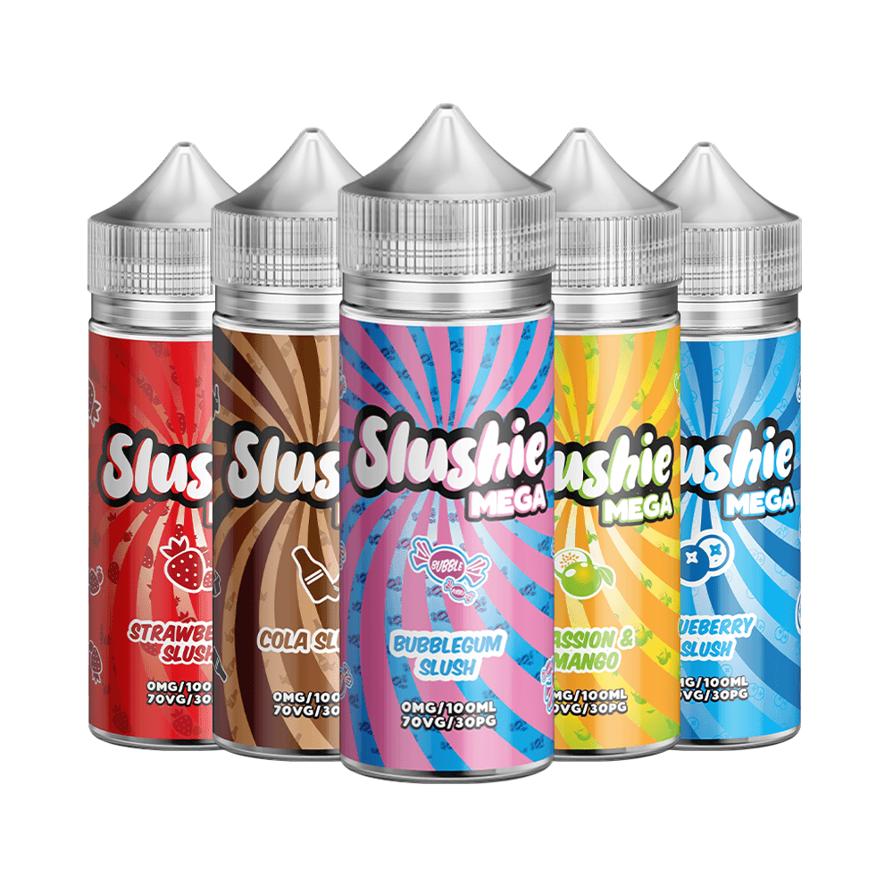 Five colourful Slushie e-liquid bottles in various flavours, including Strawberry and Blueberry.