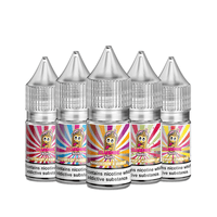 Five colourful Slushie 10ml vape juice bottles with fruity flavours.