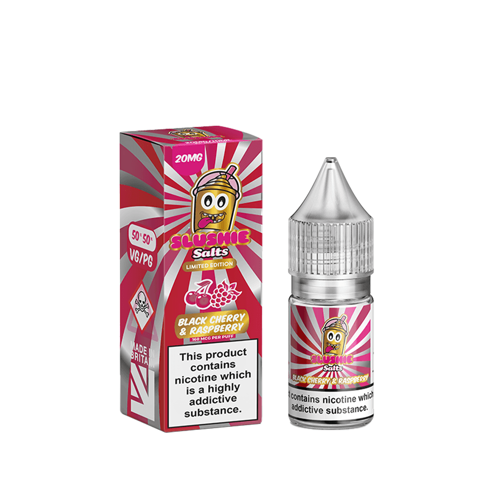 Slushie Salts Black Cherry & Raspberry vape juice bottle and box, 20mg nicotine.