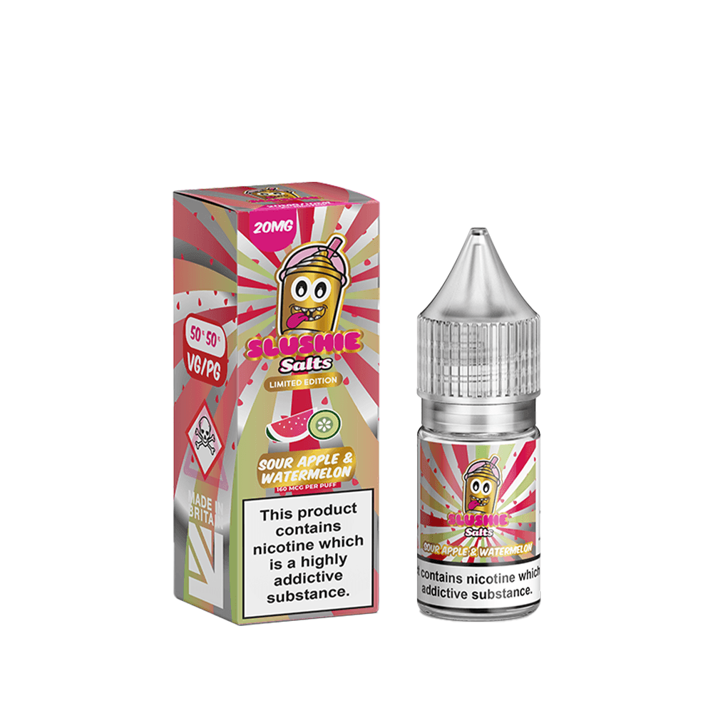 Slushie Salts e-liquid, sour apple & watermelon flavour, 20mg, next to packaging.